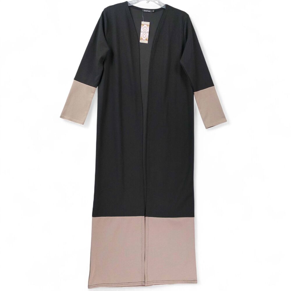 Boohoo Maxi Cardigan Sz M Black Taupe Colorblock Duster Open Front Minimalist